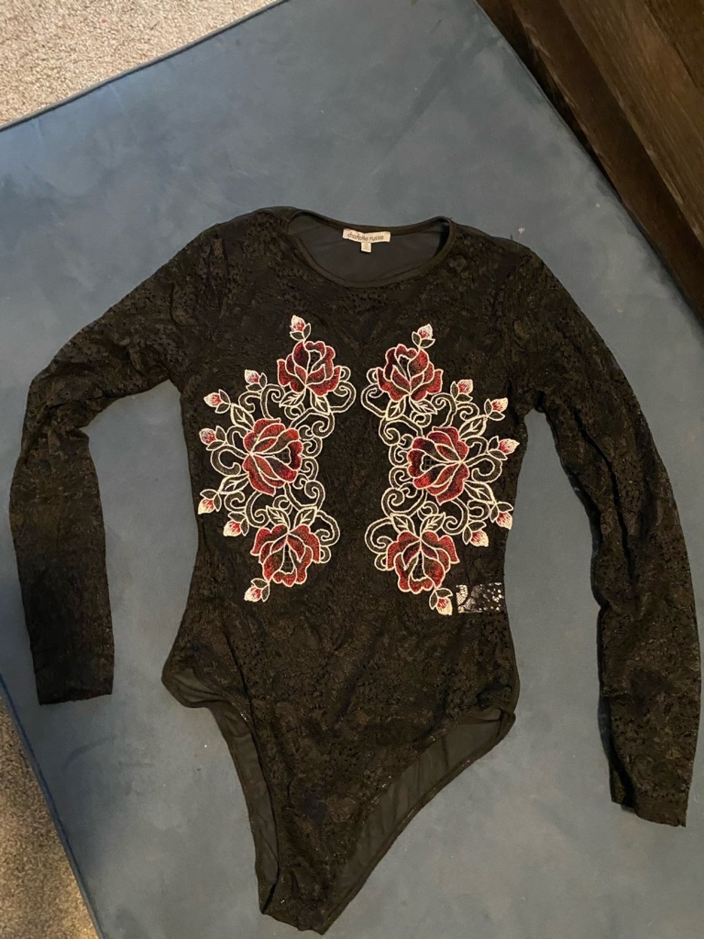Charlotte Russe Black Lace Bodysuit with Rose Applique